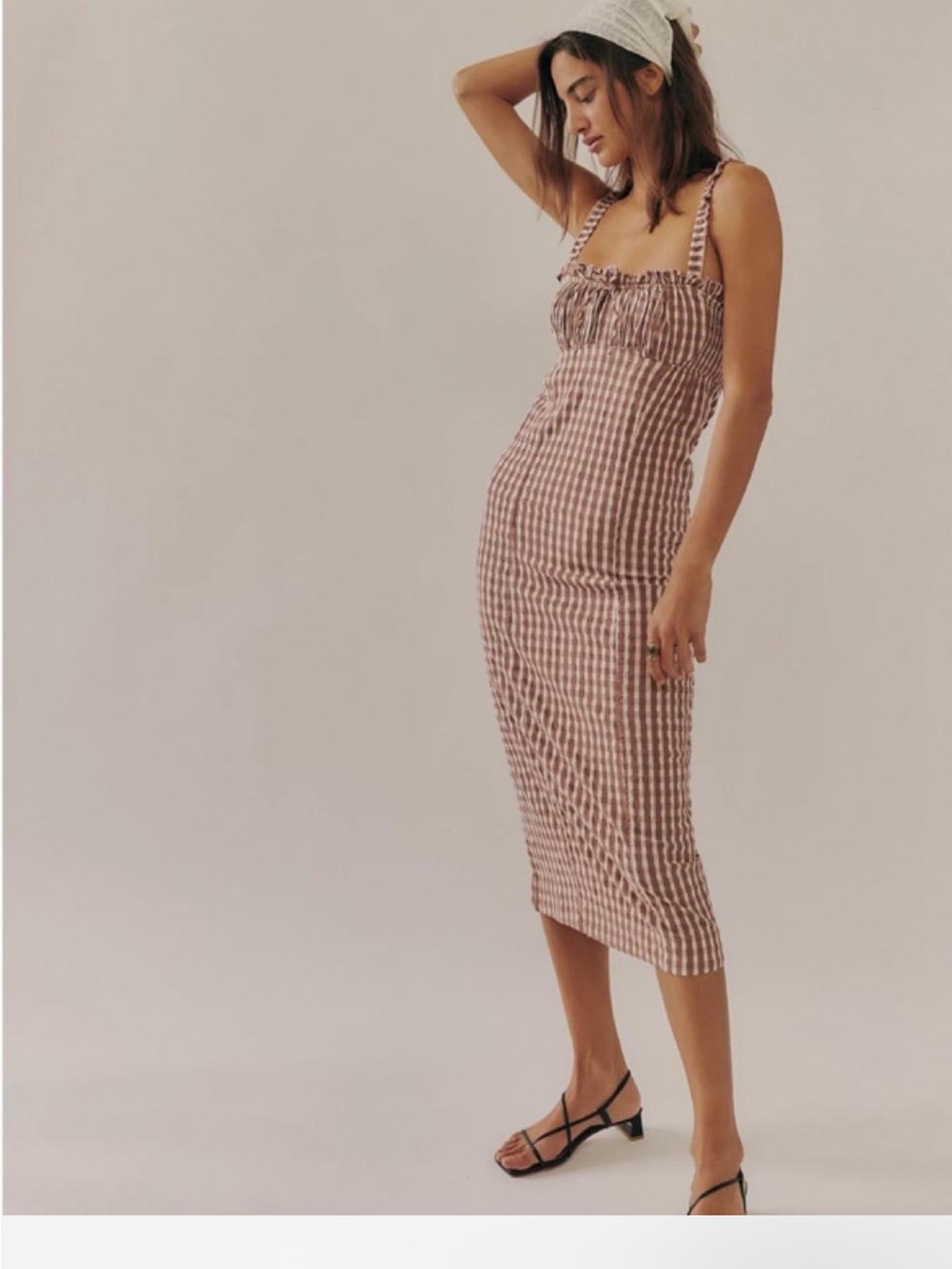 Free People Gingham Midi Dress in Brown lavender Lucinda  plaid Dress, size S